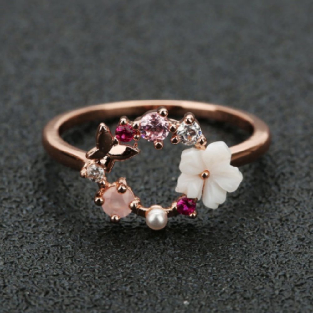 Rose Gold Flower Simulated Pearl Ring